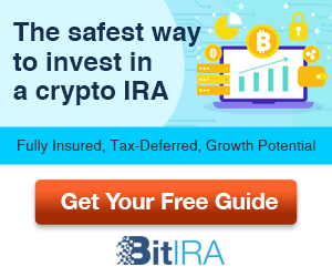 Banner ad for BitIRA promoting a crypto IRA with a red 'Get Your Free Guide' button and BitIRA logo.
