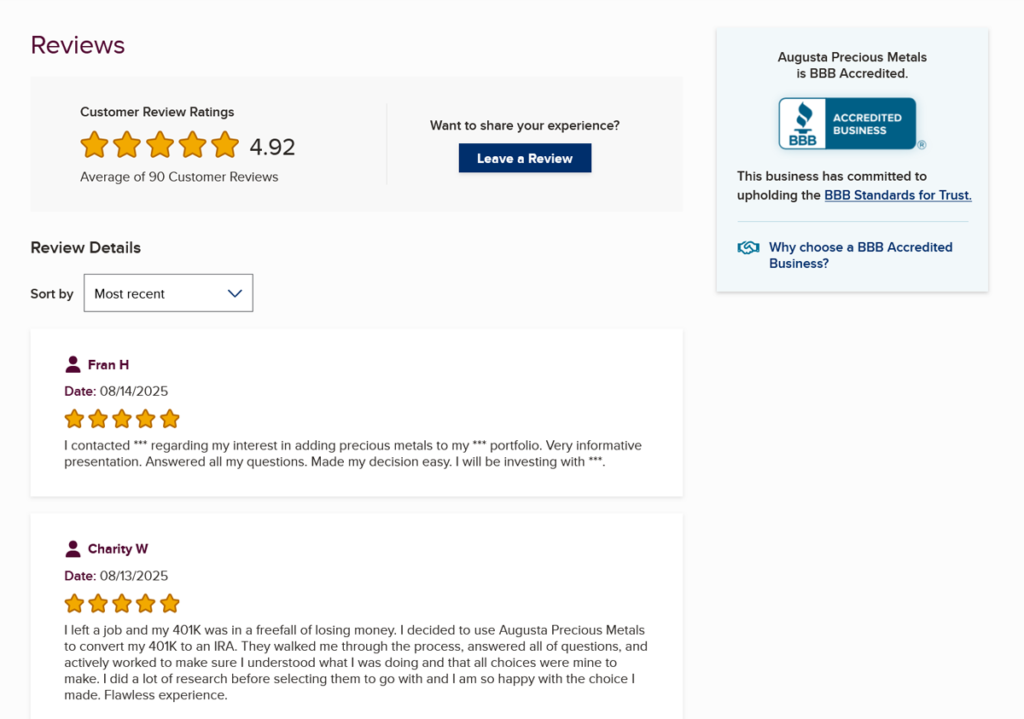 Augusta Precious Metals Reviews on the BBB
