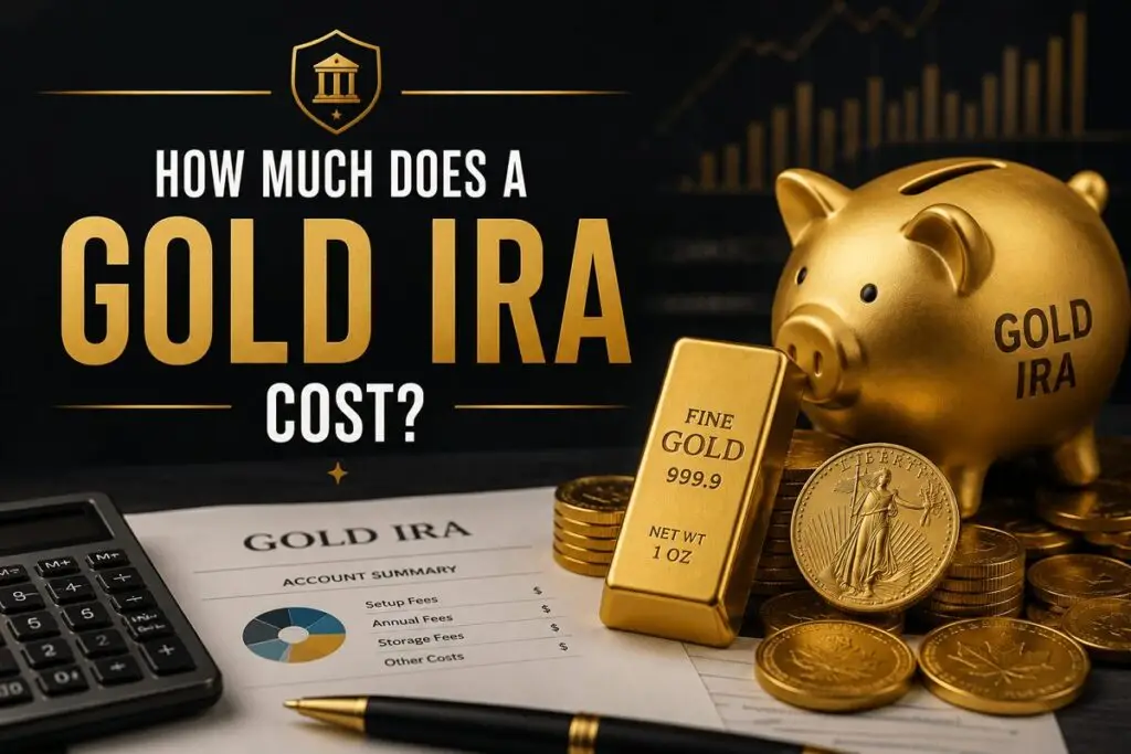 Golden piggy bank, gold bars, and coins surround an IRA cost document with a calculator and pen, illustrating Gold IRA costs.