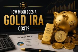 Golden piggy bank, gold bars, and coins surround an IRA cost document with a calculator and pen, illustrating Gold IRA costs.