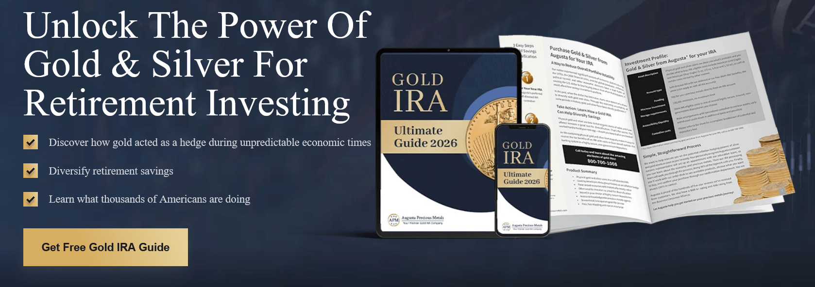 Marketing hero promoting a free Gold IRA guide with a dark blue gradient background, left text and a gold CTA button reading 'Get Free Gold IRA Guide'.