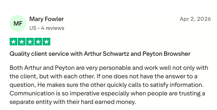 Review by Mary Fowler (US, 4 reviews) dated Apr 2, 2026; five-star rating; title 'Quality client service with Arthur Schwartz and Peyton Browser'; text praises personable communication and reliable information.