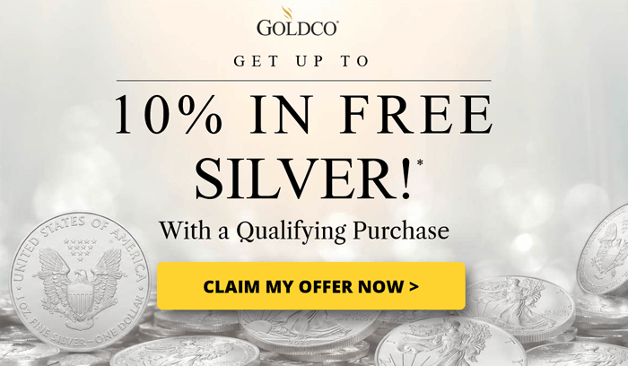 Promotional banner for GoldCo offering up to 10% in free silver with a qualifying purchase, over a background of silver coins and a yellow 'CLAIM MY OFFER NOW' button.